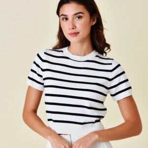 Happily Grey Sz L Striped White Black Crop Top Tee Shirt Stretch Pullover Blouse